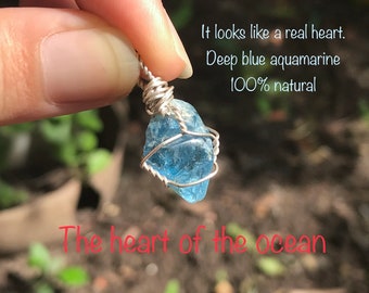 High quality Aquamarine pendant from Vietnam- wirewrap aquamarine pendant- deep blue aquamarine- March birthstone