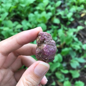 May include: A close-up of a pink and brown rough gemstone held in a hand. The gemstone has a rough, irregular shape and a pink hue with brown inclusions.