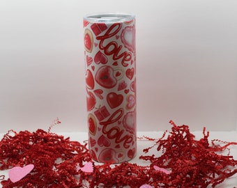 Candy Hearts, Love, Custom 20 oz Skinny Tumbler with Lid and Straw, Valentine Gift for Her, Valentine Day Gift