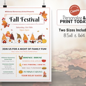 Puede incluir: Un folleto colorido para un festival de otoño en la escuela primaria Wildomar. El folleto presenta una ilustración de dibujos animados de gnomos y calabazas. El evento incluirá actividades como un castillo inflable, pescar manzanas, pintura facial, manualidades, una venta de pasteles, tallar calabazas y carreras de relevos en equipo. El evento se llevará a cabo el sábado 15 de octubre de 12 pm a 9 pm.