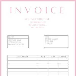 May include: A pink and white invoice template. The word "INVOICE" is at the top. The invoice includes fields for customer details, service descriptions, and payment information. The business name and contact details are also displayed.