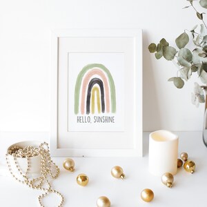 Hello Sunshine Boho Watercolor Rainbow Poster. Digital Download. Two Sizes - 8.5x11 and 11x17. Perfect for Nursery, Baby Gift, Living Space.