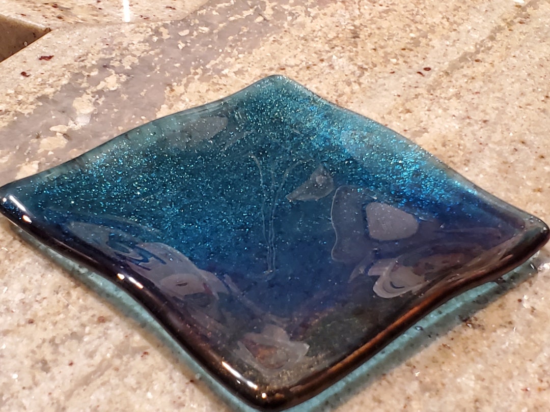 Beautiful, Sea Blue, Iridescent Glass Dish. Ring Dish, Trinket Dish
