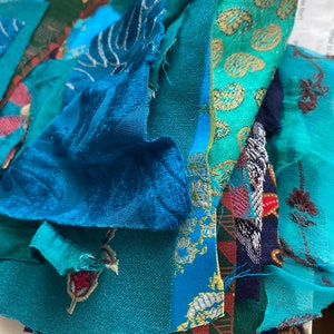 Peacock green & blue shades Vintage recycled and reclaimed sari saree fabric scrap boho silk junk journal green blue various materials 50g