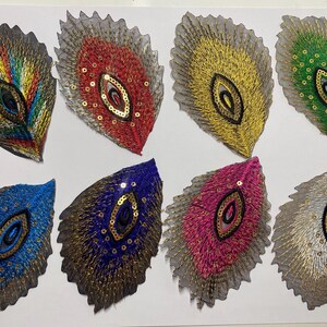 Set of 4 sew on peacock feather embroidered motif embellishment appliqué patch - 8 colours to choose from