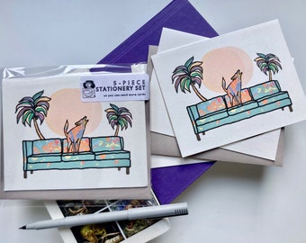 Tie Dye Howl Coyote Blank Card Hand Drawn Stationery Set