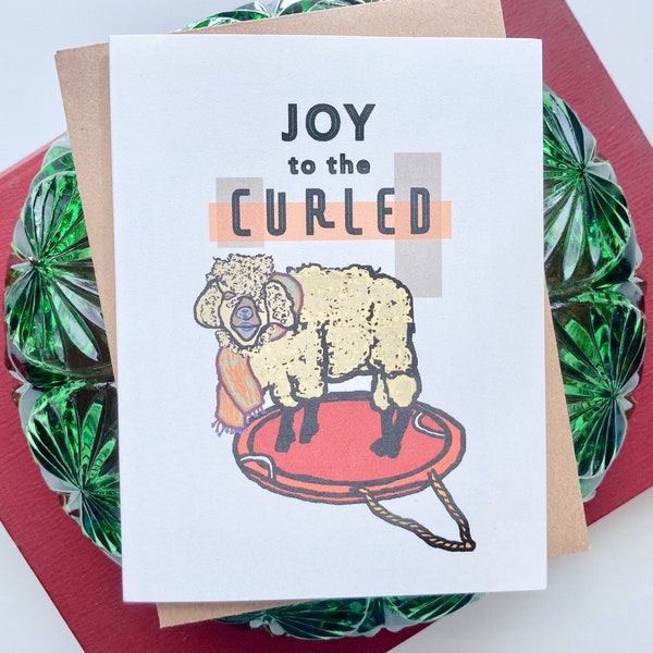 Joy to the Curled Sledding Sheep Holiday Card, Individual or Set of 5, 10