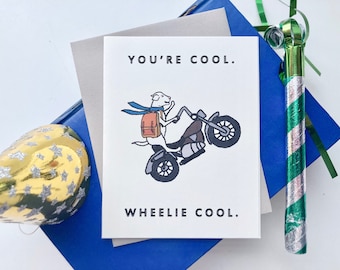 Wheelie Cool Motorcycle Dog Birthday Card, Biker Birthday Card