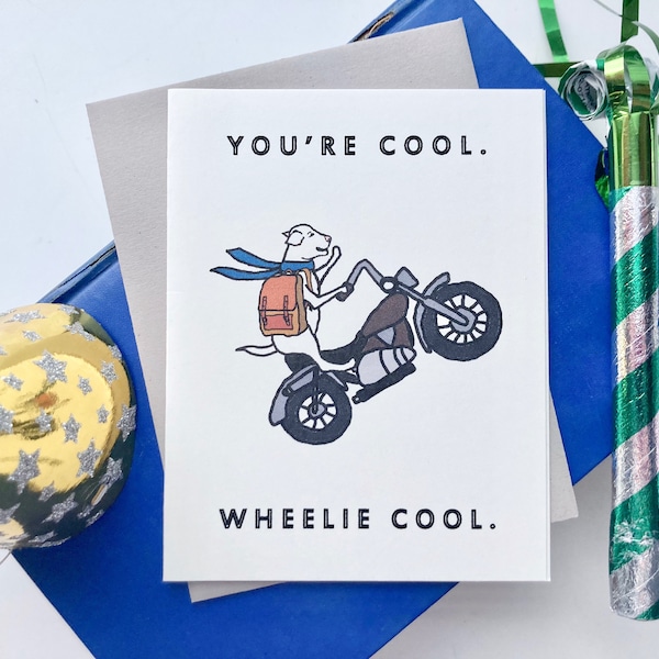 Wheelie Cool Motorcycle Dog Birthday Card, Biker Birthday Card