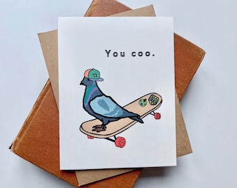 You Coo Pigeon Skateboard Greeting Card, Individual or Set of 5