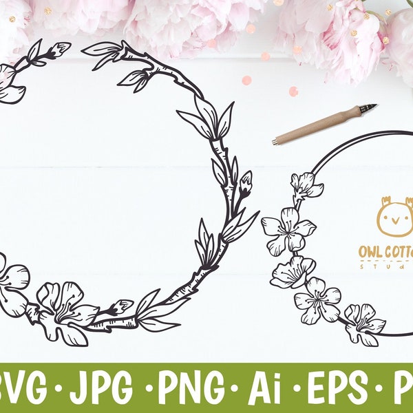 Cherry Blossom Wreath svg, Wedding Flowers SVG, floral monograms mini set, Spring decor,Plum Blossom svg, Vector Clip Art,  File for Cricut