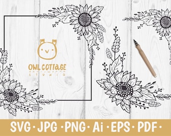 Decoración de girasol svg, Esquinas y marco SVG florales decorativos, svg de girasol, decoración de Acción de Gracias, SVG de Acción de Gracias, Girasol para Cricut