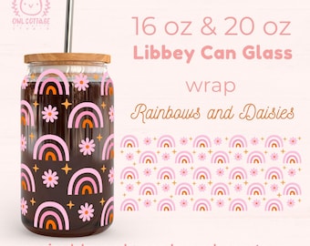 Libbey Glass SVG 16 oz, 20 oz Boho Rainbows And Daisies, Tropical Glass Wrap Svg, Beer Can Glass Svg Wrap, Libbey Glass Svg 16oz, 16oz Wrap