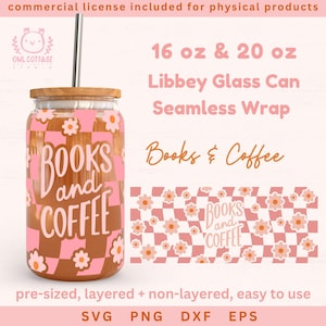 May include: A digital design for a 16 oz or 20 oz Libbey glass can wrap featuring a pink and brown checkered pattern with white flowers and the text "Books and Coffee".