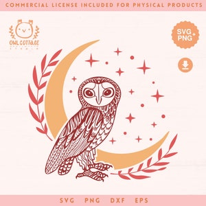 Kerkuil met maan en sterren SVG + grote PNG| Boho Wall Decor gesneden bestand. Compatibel met Cricut en Silhouette en de meeste snijmachines