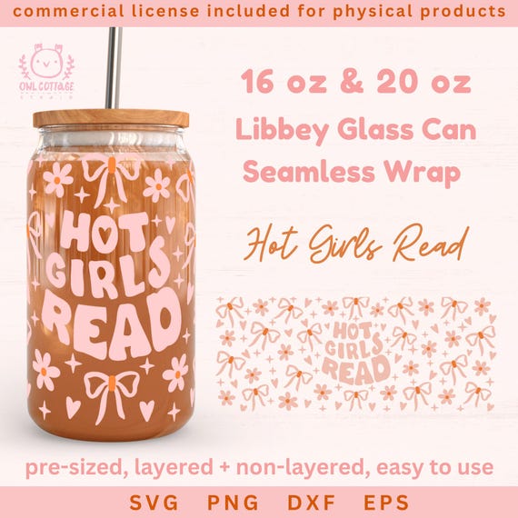 Hot Girls Read Wrap For Libbey 16 oz, 20 oz, Book Lover Beer Can Wrap Svg, Reading Glass Cup Svg 16 oz,  Bookish Glass Libbey Wrap