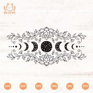 Fasi lunari e fiori di loto SVG/Boho Tattoo Design, Boho Tattoo Design, disegno del tatuaggio di loto, celeste in formato SVG, tatuaggio della strega, fase lunare in formato SVG