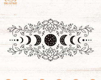 May include: Black and white line art illustration of a moon phase design with floral accents. The design features a full moon with stars, a crescent moon, and a new moon. The floral accents are stylized and include leaves and flowers.