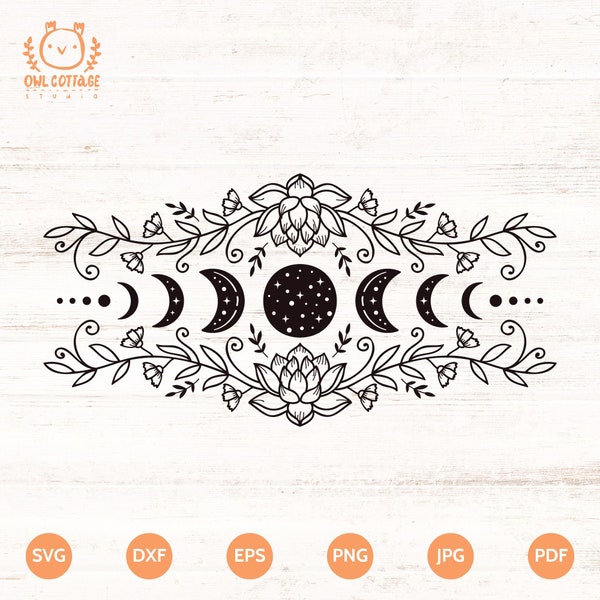 Moon Phases And Lotus Flowers SVG| Boho Tattoo Design, Boho Tattoo Design, lotus tattoo design, celestial svg, witch tattoo, moon phase svg