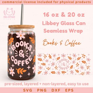 May include: A digital design for a 16 oz or 20 oz Libbey glass can wrap featuring a seamless pattern of pink flowers, orange leaves, and the text "Books & Coffee".