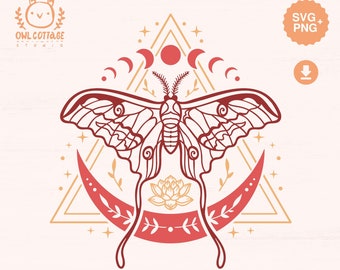 May include: A digital download of a red and gold geometric design featuring a moth, crescent moon, and a lotus flower. The design is perfect for crafting projects, such as vinyl decals, t-shirt designs, and more.