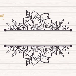 May include: Black and white line art floral design with a blank space in the middle. The design features two magnolia flowers with leaves and stems. The text "OWL COTTAGE STUDIO" is at the top of the image.