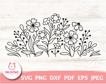 Wildflowers Drawing Cut File| Floral Border SVG, Wildflowers cut files for wedding decor, Flower line art, wildflowers aesthetic, floral svg