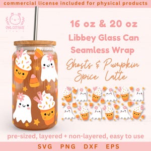 Könnte beinhalten: Ein digitales Design für eine 16 oz oder 20 oz Libbey Glaskannenhülle mit einem nahtlosen Muster aus Geistern, Kürbissen und Kürbisgewürz-Lattes. Das Design ist vorformatiert und wird in geschichteten und nicht geschichteten Formaten geliefert. SVG-, PNG-, DXF- und EPS-Dateiformate sind enthalten.