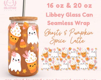 Halloween Pumpkin Spice Latte Wrap, Ghosts And Coffee Libbey Glass Can SVG 16 oz, 20 oz, Spooky Glass Wrap Svg, Beer Can Glass Svg Wrap