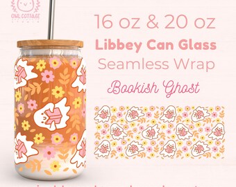 Halloween Libbey Glass SVG 16 oz, 20 oz Cute Bookish Ghost, Booklover Glass Wrap Svg, Beer Can Glass Svg Wrap, Libbey Glass Svg 16oz, 16oz