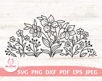 Wildflowers Drawing Cut File| Floral Border SVG, Wildflowers cut files for wedding decor, Flower line art, wildflowers aesthetic