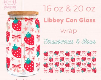 Libbey Glass SVG 16 oz, 20 oz Strawberries and Bows, Berries Glass Wrap Svg, Beer Can Glass Svg Wrap, Libbey Glass Svg 16oz, 16oz Wrap