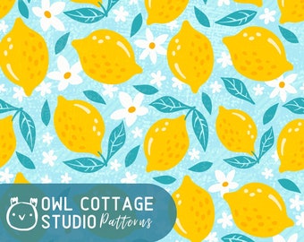 Wzór powtarzania Summer Lemon Bloom do sublimacji lub drukowania, bezszwowy wzór owoców, wzór cytryny Png, wzór sublimacji Png