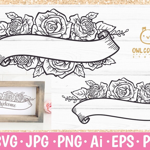 Roses svg, Floral Ribbon Banner SVG, Flower Ribbon Border SVG, Flower Border svg, Wedding Monogram svg, Wedding Flowers, Floral Banner svg