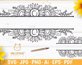 Sunflowers Split Border Monograms Set svg, floral monograms mini set, sunflower Clipart,  Sunflower SVG files for Cricut, Sunflowers Vector