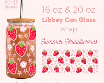 Libbey Glass SVG 16 oz, 20 oz Strawberries and Daisies, Summer Glass Wrap Svg, Beer Can Svg Wrap, Libbey Glass  16oz, 16oz Wrap, 20oz wrap
