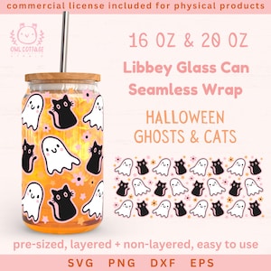 Chats et hôtes d'Halloween mignons Libbey Glass SVG 16 oz, 20 oz Kawaii Ghostie, Svg d'emballage de verre de chat noir, Emballage Svg de verre de canette de bière, verre Libbey