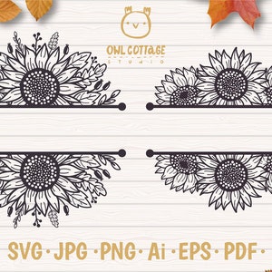 Könnte beinhalten: Vier schwarz-weiße digitale Designs von Sonnenblumenbordüren mit einer Linie in der Mitte. Die Designs sind perfekt für die Erstellung von individuellen Schildern, Bannern oder anderen Bastelarbeiten.