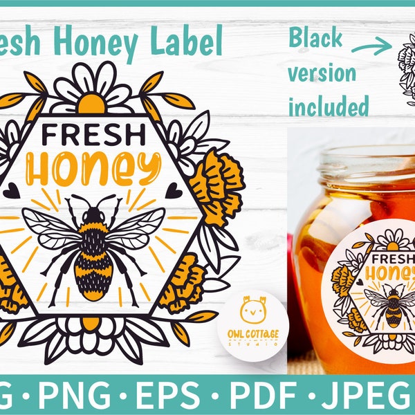 Frischer Honig SVG | Honig Verpackung Design Schnittdatei | Honig Etikett Cricut | Honig-Etiketten Design-Ideen | Blumenmuster | Etikett mit frischem Honig