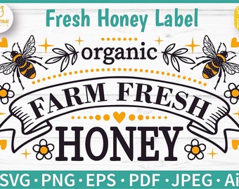 Puede incluir: Un diseño gráfico en blanco y negro con una pancarta que dice "FARM FRESH HONEY" con abejas, flores y estrellas. El texto "organic" está por encima de la pancarta. El texto "Fresh Honey Label" está en la parte superior del diseño.