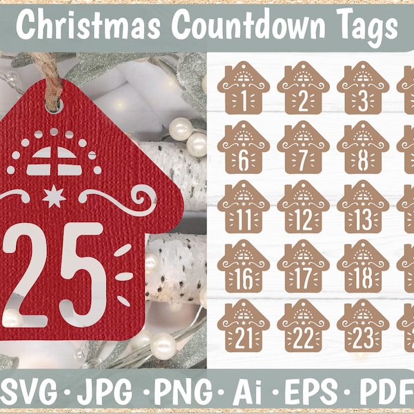 Christmas Advent Calendar SVG, Xmas Countdown Tags Bundle, Gift Tags Labels, Christmas ideas for Cricut, Silhouette, Glowforge