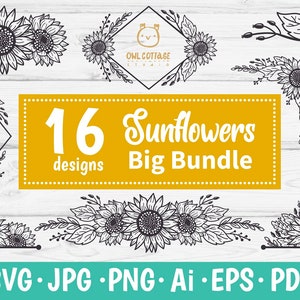 Bundle de tournesols svg, Bordures florales et paquet de monogrammes pour cricut et silhouette, Tournesol svg, Décor SVG botanique, décor svg de mariage
