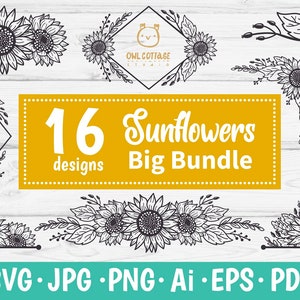 Sunflowers bundle svg, Floral borders and monograms bundle for cricut and silhouette, Sunflower svg, Botanical SVG decor, wedding svg decor