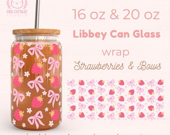 Libbey グラス SVG 16 オンス、20 オンス ストロベリーとリボン、ガーリー グラス ラップ SVG、ビール缶グラス SVG ラップ、Libbey グラス SVG 16 オンス、16 オンス ラップ、20 オンス