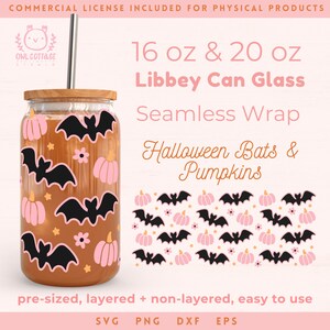 May include: A digital design for a 16 oz or 20 oz Libbey can glass wrap featuring a seamless pattern of black bats and pink pumpkins with white flowers and stars. The design is pre-sized, layered and non-layered, and available in SVG, PNG, DXF, and EPS formats.
