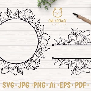 May include: A black and white digital illustration of a floral wreath with a circle in the centre. The wreath is made of magnolia flowers and leaves. Below the wreath are two horizontal dividers with magnolia flowers and leaves on each side.