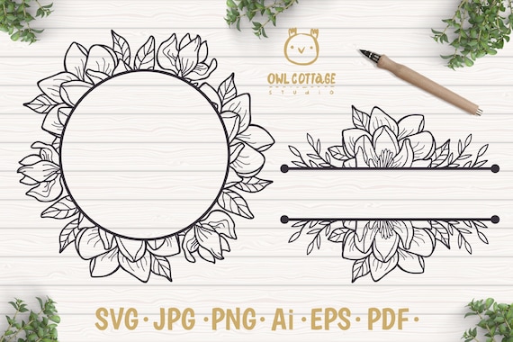 Magnolia Monograms SVG, Split Border Monogram, Wedding Flowers, Magnolia Wreath SVG, Wedding Flowers SVG, floral monogram, Magnolia Blossom