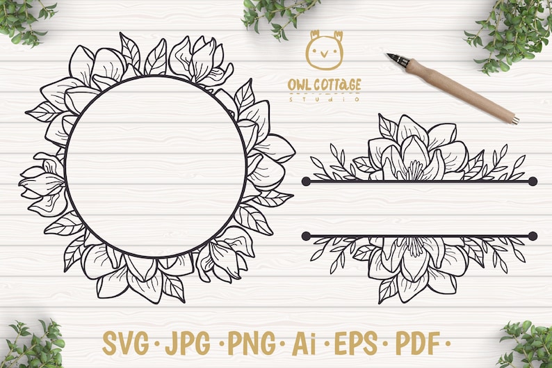 May include: A black and white digital illustration of a floral wreath with a circle in the centre. The wreath is made of magnolia flowers and leaves. Below the wreath are two horizontal dividers with magnolia flowers and leaves on each side.