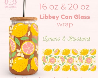 Libbey Glass SVG 16 oz, Summer Lemons SVG Wrap For Libbey 16oz & 20oz Can Glass, Summer Glass Wrap, Fruit Glass Svg Wrap, Libbey Glass 16oz