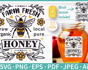 Puede incluir: Una ilustración de una abeja negra y amarilla con el texto "FARM FRESH" y "HONEY" rodeada de flores y hojas. El texto "raw organic local pure" también está incluido. La imagen es un diseño para una etiqueta de tarro de miel.